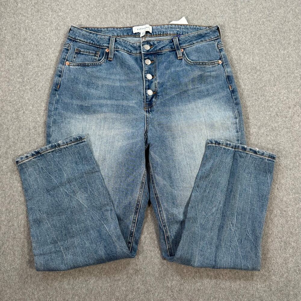 PopSugar High Rise Straight Leg Jeans Women's 16 Medium Wash Distressed Button